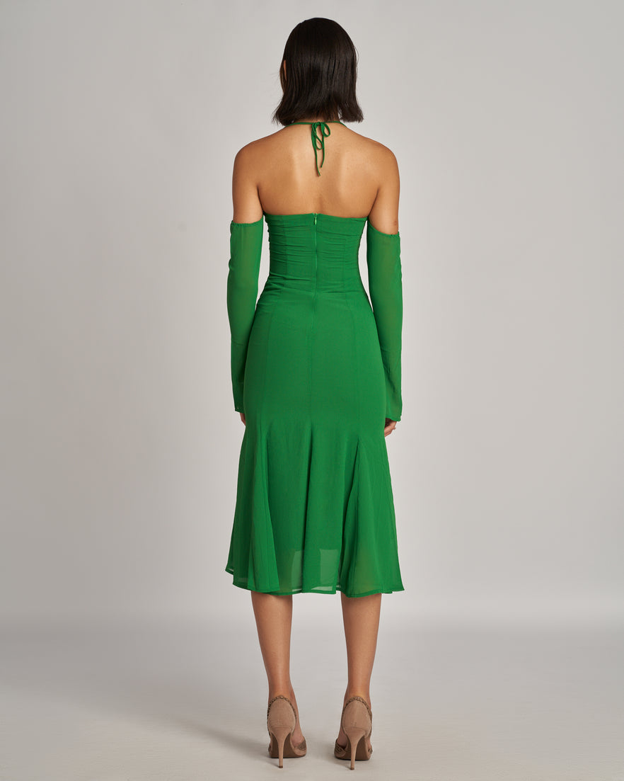 Green Halter Midi Dress with spaghettis straps and bell sleeves