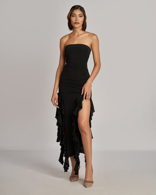 Black Ruffle Extended Trims Dress