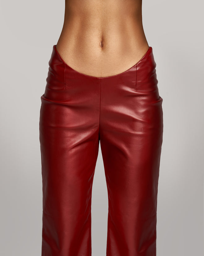 Burgundy Red Straight-leg Leather Pants with regular fit